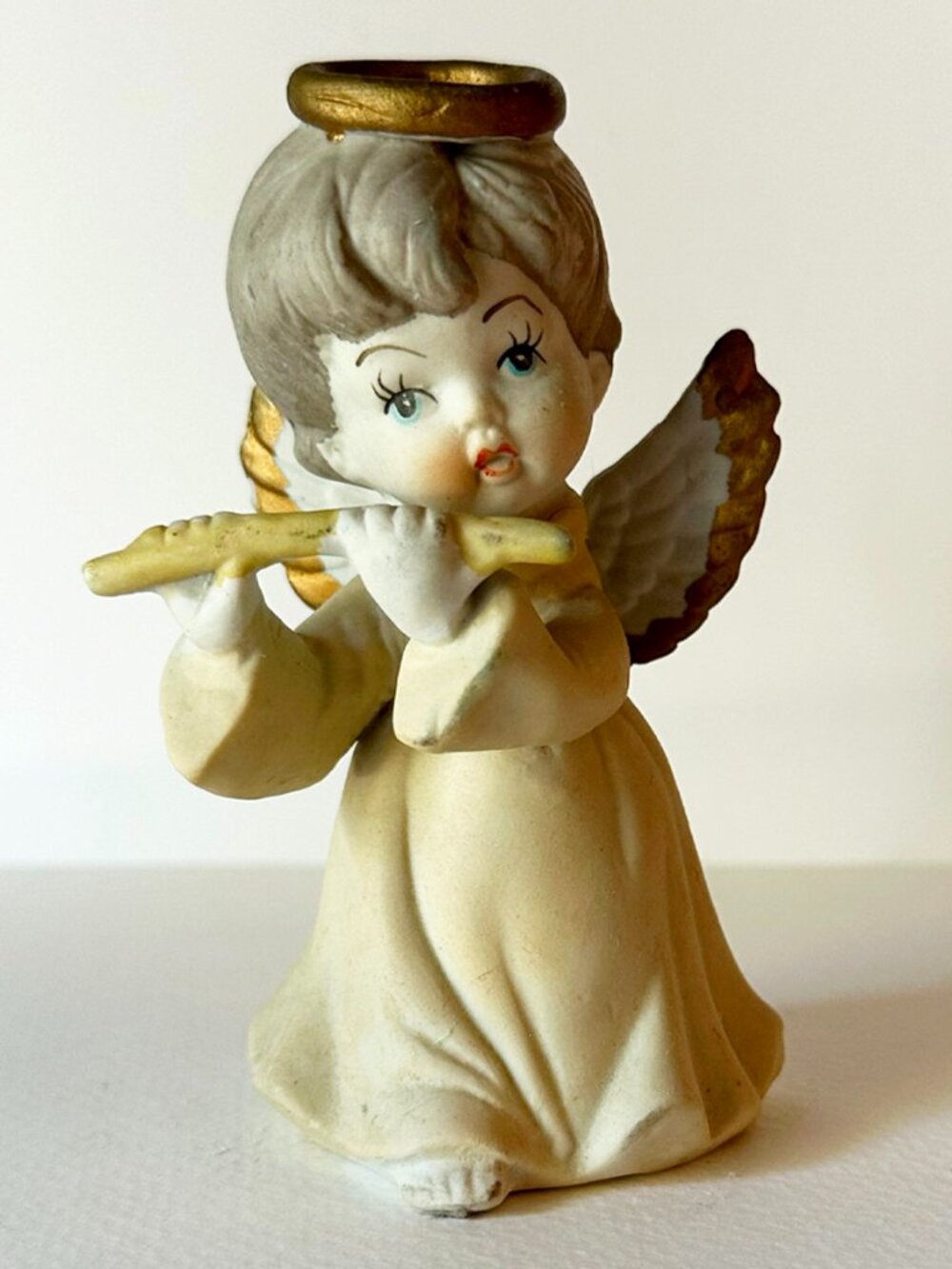 Vintage Lefton China Bisque Angel Playing Flute Figurine Halo Christmas Japan